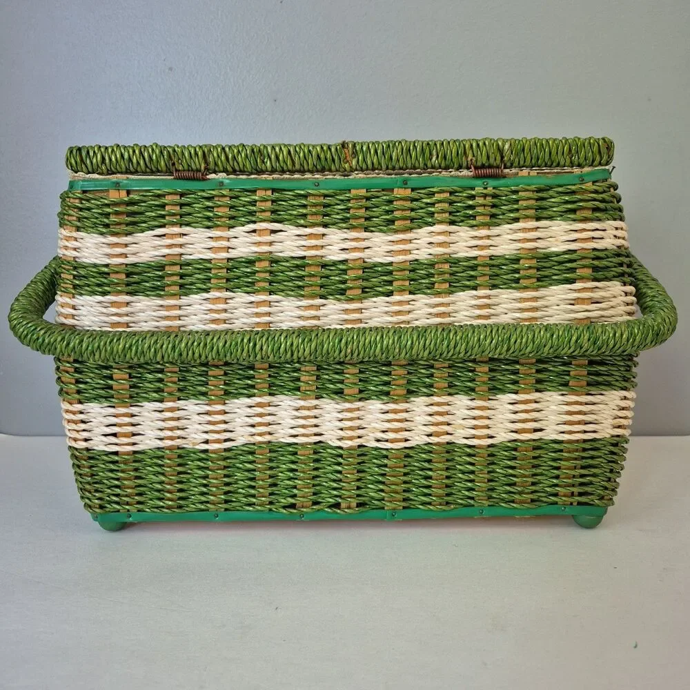 JCPenney VTG Green White Wicker Divider Sewing Box Caddy w/ Handle Accessories